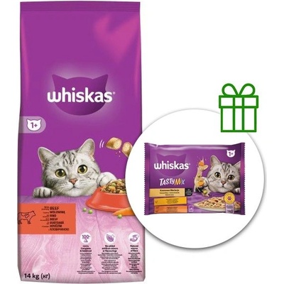 Whiskas с говеждо месо 14 кг + Tasty mix 4x85 г безплатно