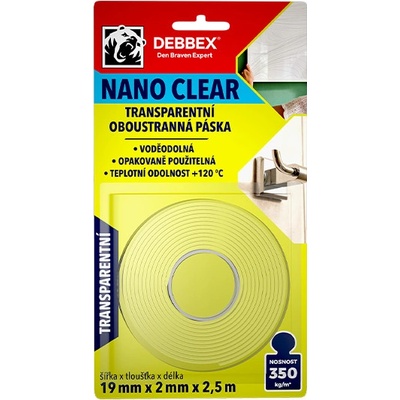 Debbex Nano Clear Oboustranné pásky Transparentní oboustranná páska 19 mm × 2 m x 2,5 m transparentní