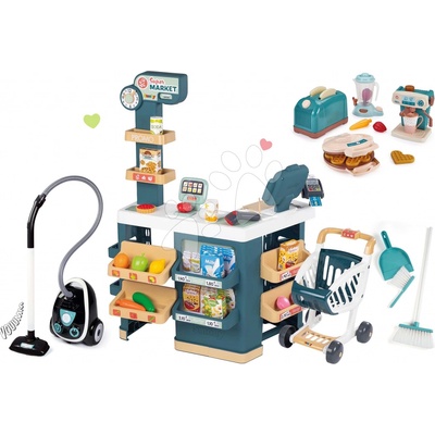 Smoby Set obchod elektronický s váhou a skenerom Super Market a vysávač s reálnym zvukom a upratovacia sada s kuchynskými spotrebičmi