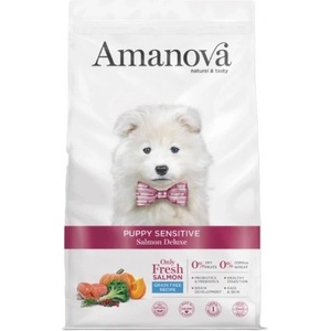 Amanova puppy sensitive salmon deluxe - пълноценна храна за подрастващи кученца от средни и едри породи с чувствителна кожа, със Сьомга и тиква - 7 кг, Испания - 33187