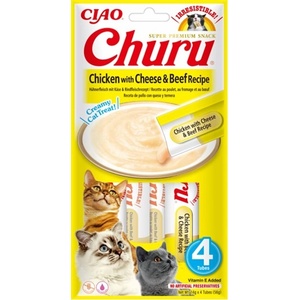 Inaba Foods Churu лакомства за котки с вкус на пилешко, сирене и говеждо месо 4x14g