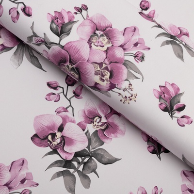 Bavlnená látka/plátno Sandra SA-623 Lila orchidey na bielom - šírka 160 cm