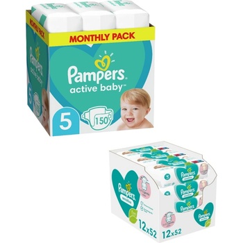 Pampers Бебешки пелени Pampers Active Baby - Размер 5, 150 броя + мокри кърпички Sensitive, 12 x 52 броя (TYBB0071490N)