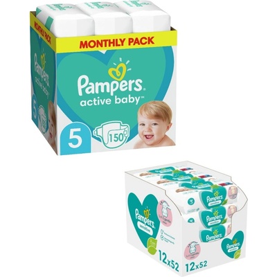 Pampers Бебешки пелени Pampers Active Baby - Размер 5, 150 броя + мокри кърпички Sensitive, 12 x 52 броя (TYBB0071490N)