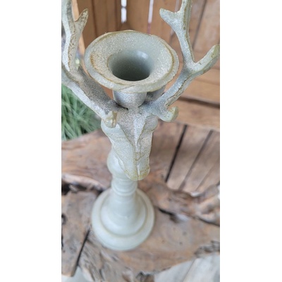 Šedý antik kovový svícen ArtFerro s jelenem - 13,5*13,5*43cm - Exner