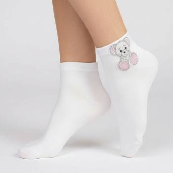 Дамски памучни чорапи в бяло с мече от мъниста