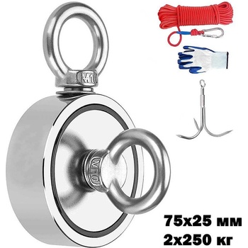 UNI STR Неодимов магнит, двустранен, 75x25 мм, 2x250 кг, с въже, кука и ръкавици (UNI-01012453)