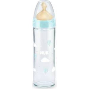 Nuk Стъклено шише с каучуков биберон NUK - New Classic FC+, 240 ml, размер М, 0-6 m, Сини облачета (10745079)