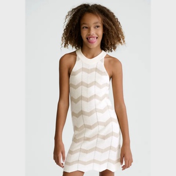 Mayoral Рокля трикотажна зиг-заг в бяло и цвят пясък за момиче Mayoral
