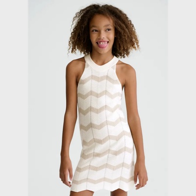 Mayoral Рокля трикотажна зиг-заг в бяло и цвят пясък за момиче Mayoral