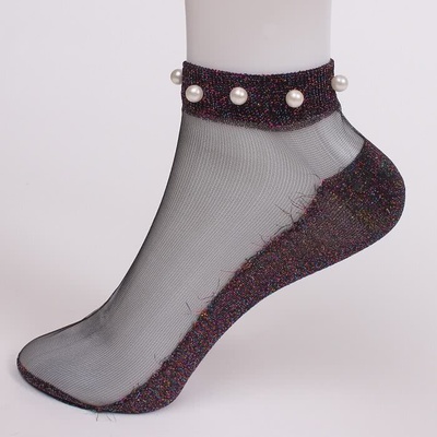 Къси чорапи с цветно ламе, тюл и бели перли