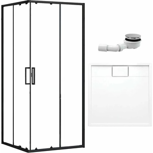Rea Комплект от матово черна душ кабина Rea Punto 90x90 см, душ корито Omnires Brooklyn и комплект сифон за душ корито (5902557350810+BROOKLYN90-KBP+A491CR)
