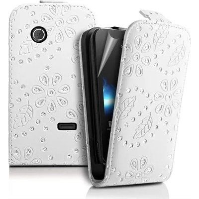 Sony Xperia tipo ST21i Diamond Bling Flip Калъф Бял + Протектор