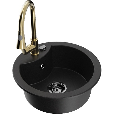 Mexen Diego гранитна мивка с 1 камера и кухненски смесител Elia, черен - 6512-77-670101-50-B (6512-77-670101-50-B)