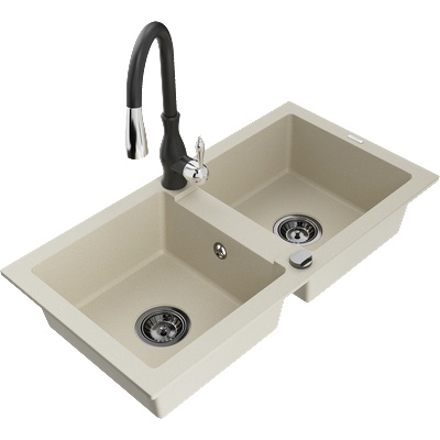 Mexen Mario гранитна мивка с 2 камери и кухненски смесител Savita, бежов - 6504-69-672601-70 (6504-69-672601-70)