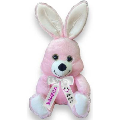 Плюшено зайче с надписана панделка, розово, 40 см (1553-Н1)