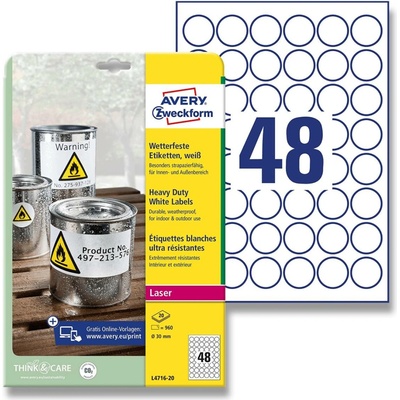 Avery Zweckform L4716-20 samolepicí bílé PET etikety kulaté 30 mm 960 etiket