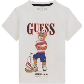 GUESS Бяла тениска за мини момче с цветно мече отпред и контрастен надпис Guess