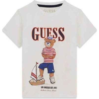 GUESS Бяла тениска за мини момче с цветно мече отпред и контрастен надпис Guess