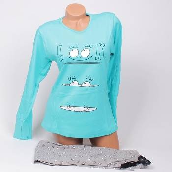 Памучна пижама в тюркоазено-зелено и сиво с очички