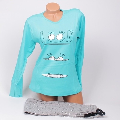 Памучна пижама в тюркоазено-зелено и сиво с очички