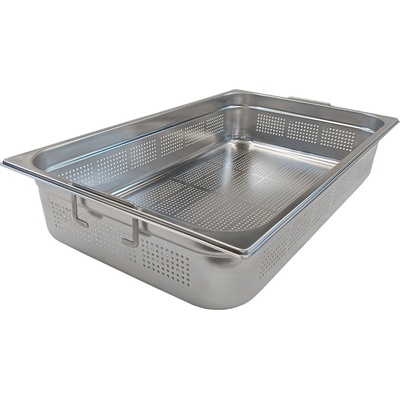 Děrovaná gastronádoba GN 1/1 - hloubka 100 mm se zasouvacími uchy - nerezová Redfox