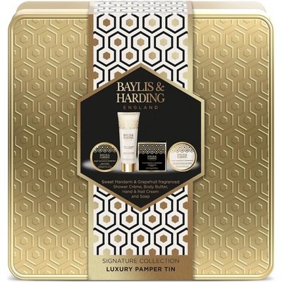 Baylis & Harding Sweet Mandarin & Grapefruit Signature Collection Luxury Pamper Tin krém na ruce a nehty 50 ml + mýdlo 50 g + sprchový krém 50 ml + tělové máslo 50 ml + plechová dóza pro ženy