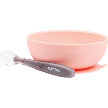 NATTOU Set jedálenský silikonový tanier a lyžička fialovo oranžový bez BPA 2 ks