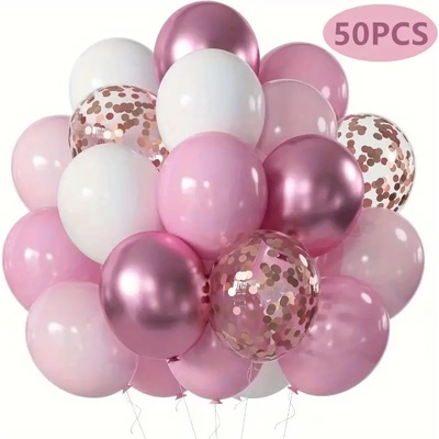 Комплект 50 броя балони 25 см. в бяло, розово и с конфети 7003