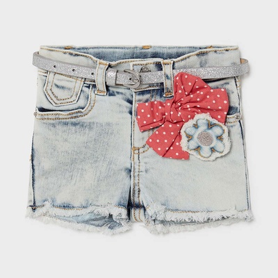 Mayoral kraťasy seprané riflové s páskem a mašličkou světle modré