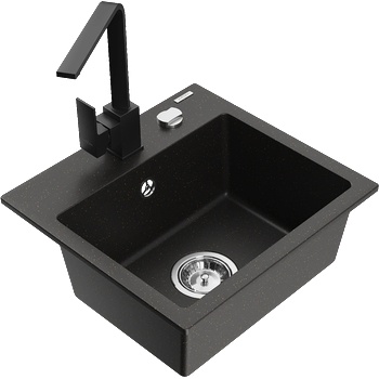 Mexen Milo еднокамерен гранитен мивка с кухненски смесител Rita, черен/златист металик - 6505-75-670300-70 (6505-75-670300-70)