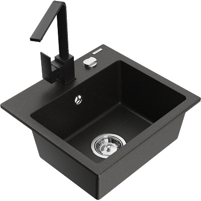 Mexen Milo еднокамерен гранитен мивка с кухненски смесител Rita, черен/златист металик - 6505-75-670300-70 (6505-75-670300-70)