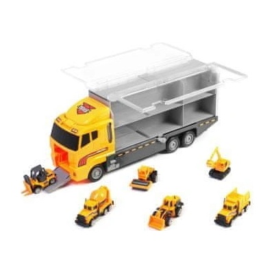 KIK KX6681_3 Kamión s autíčkami a stavebnými strojmi žltý