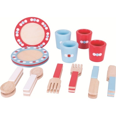Bigjigs Toys dřevěný jídelní servis s puntíky
