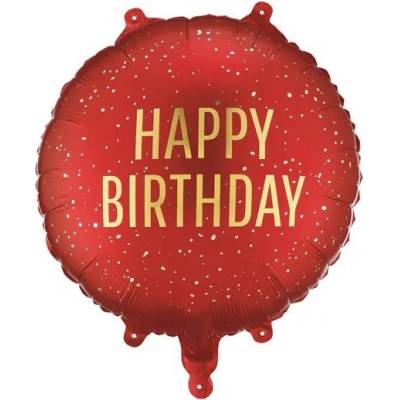 Party Deco Кръгъл фолиен балон Happy Birthday с ефект златни конфети - Червен (FB353-007C)