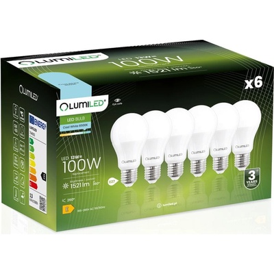 Lumiled 6x LED žiarovka E27 A60 13W = 100W 1521lm 6500K Studená biela 260°