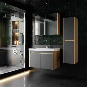 ASIR GROUP Комплект окачен долен шкаф 80 см с мивка, шкаф колона и огледален шкаф Asir Dallas дъб Сонома и антрацит (279VRA1103)