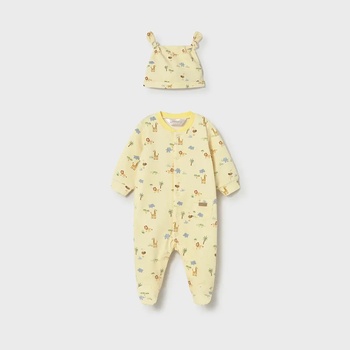 Mayoral Гащеризон дълъг с шапка в жълт цвят с животинки за новородено момче Mayoral