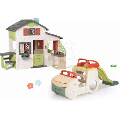 Smoby Set domček Priateľov a preliezačka Auto Friends House Life so šmykľavkou kuchynkou a zvončekom