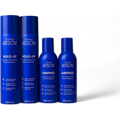 Tomas Arsov Profi styling pack 2 HOLD-UP lak na vlasy s přirozenou fixací 2 x 300 ml, GRIPPED suchý texturizační sprej 2 x 200 ml (set)