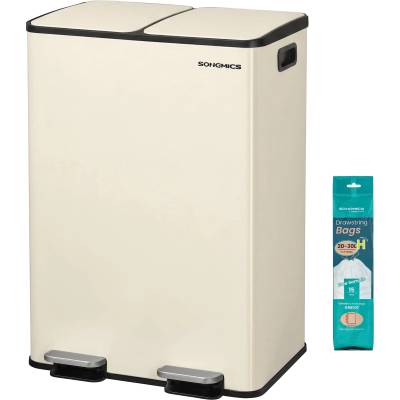 SONGMICS kitchen trash can, 2 x 30 liters, 2 compartments, trash can, pedal trash can, kitchen trash can with soft-close lid and inner bin, steel, including 15 trash bags, cream-colored LTB741AZ02