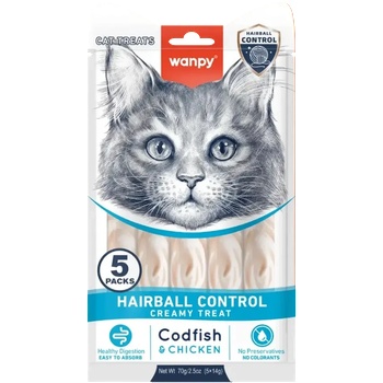 Wanpy Cat Hairball Control кремообразно лакомство за котки с риба треска и пилешко, срещу топки косми, 5х14gr