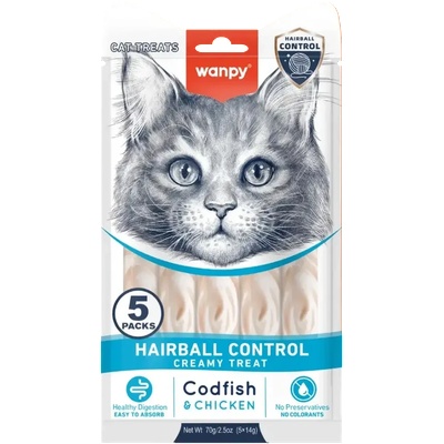 Wanpy Cat Hairball Control кремообразно лакомство за котки с риба треска и пилешко, срещу топки косми, 5х14gr