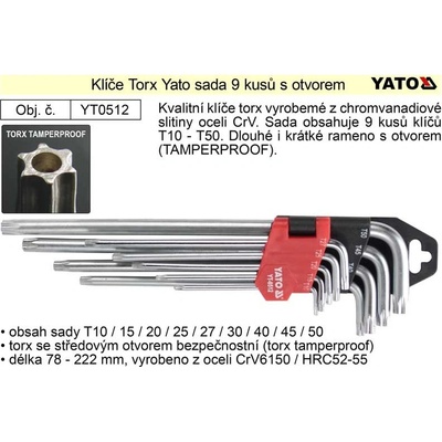 Imbusové klíče TORX s otvorem 9 ks delší - T10, T15, T20, T25, T27, T30, T40, T45, T50