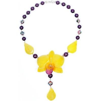 Dannyra Колие с естествена орхидея, перли Майорка, мъниста клоазоне Sunny Orchid Dannyra Jewels