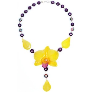 Dannyra Колие с естествена орхидея, перли Майорка, мъниста клоазоне Sunny Orchid Dannyra Jewels