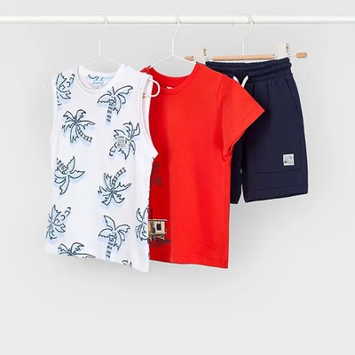 Mayoral Комплект трико червена тениска, бял потник с палми и къси сини панталони за мини момче Майорал