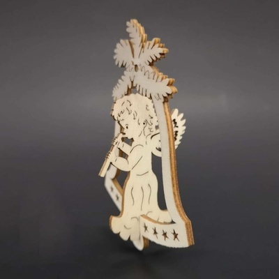AMADEA Dřevěná ozdoba 3D zvonek anděl s píšťalou 9 cm