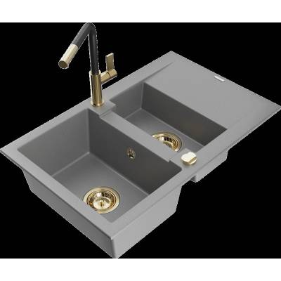 Gaspar гранитна мивка с 1, 5 отделения с отцедник и кухненски смесител Flora, сива - 6507-71-670401-57-G (6507-71-670401-57-G)
