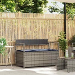 vidaXL Градинска пейка за съхранение с възглавница, сива, полиратан (4103843)